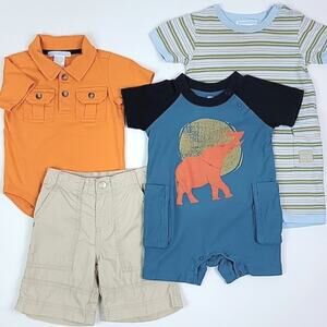 Janie and Jack Tea Collection Romper Shorts Orange Khaki Blue Bundle 6-12 Months